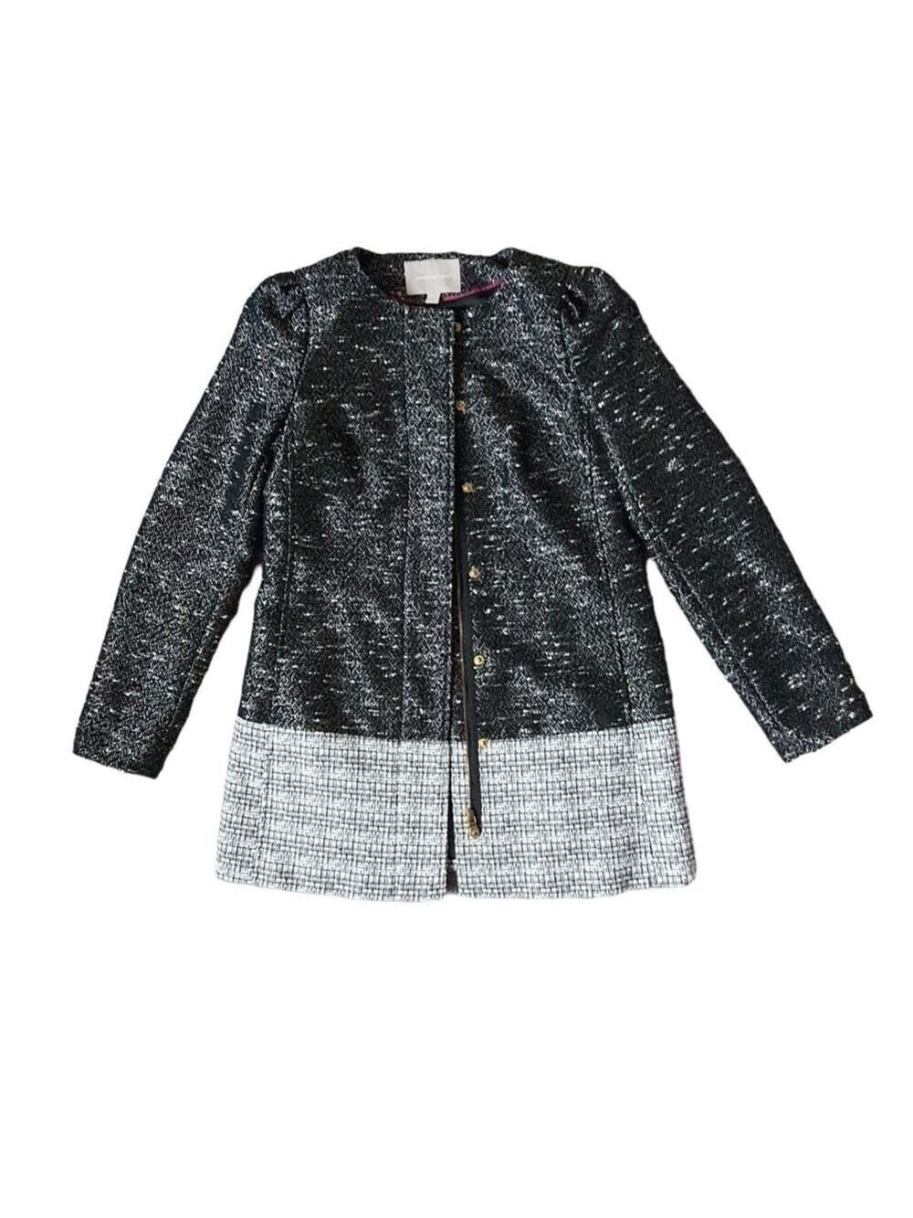 BR Tweed Collarle Coat Jacket Womens S Black Zip